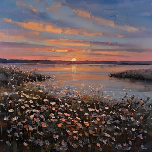 Peinture à l'huile : Fleurs et eau