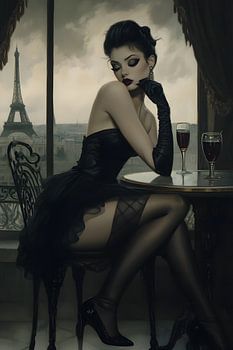 Verführerische Femme fatale mit Blick auf den Eiffelturm