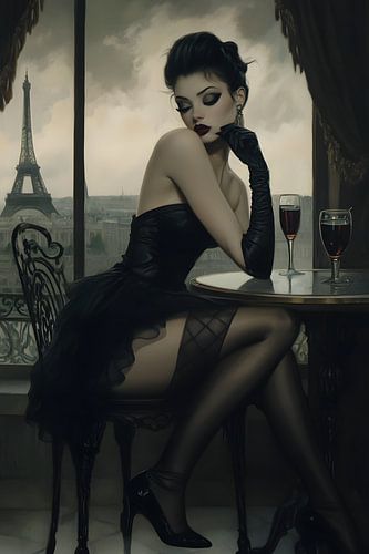 Verleidelijke femme fatale met uitzicht op de Eiffeltoren