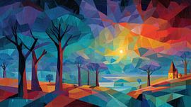 Colourful sunset, Cubist abstract panorama by TheXclusive Art
