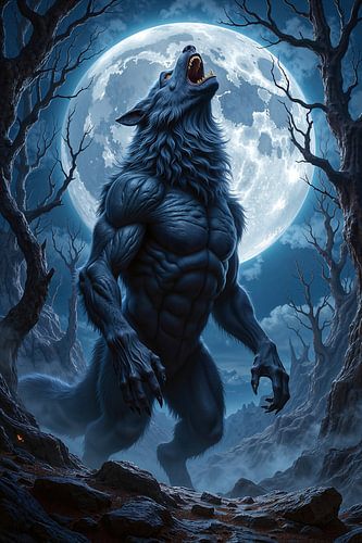 Fantasy Gothic Wall Art: VARGOLYTH - A Werewolf Howls at the Full Moon in the Forest