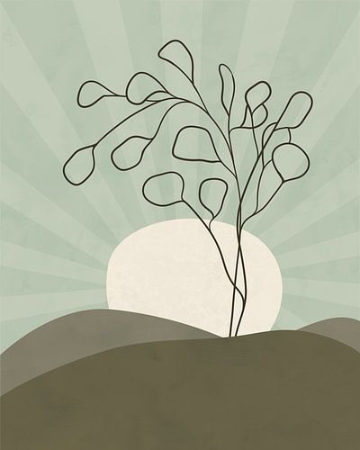 Minimalistische Landschaft mit einem Eukalyptusbaum und Sonnenstrahlen