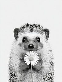 Igel mit Gänseblümchen – Tierkunst in Schwarzweiß