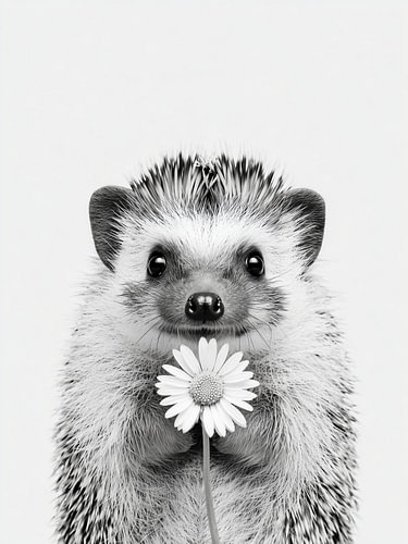 Igel mit Gänseblümchen – Tierkunst in Schwarzweiß