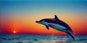 Delfin springt in den Sonnenuntergang im Meer Illustration