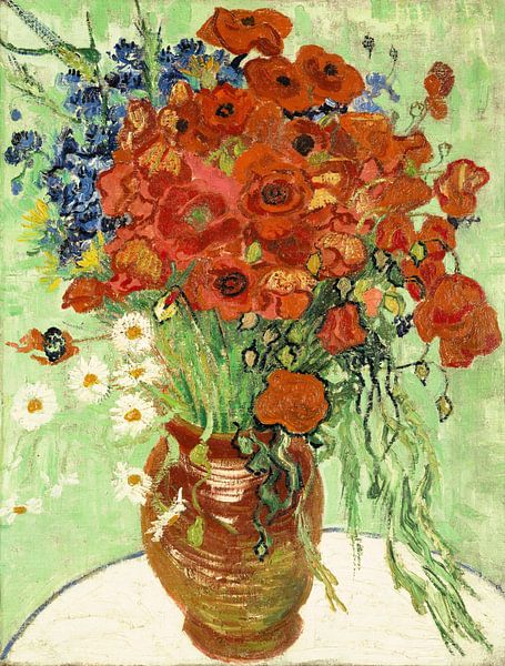 Vase mit Gänseblümchen und Mohnblumen, Vincent van Gogh von Meisterhafte Meister