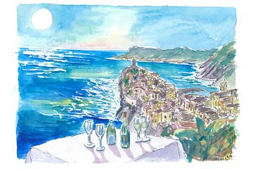 Mediterrane Aussicht vom Restaurant mit Wein und Vernazza Cinque Terre