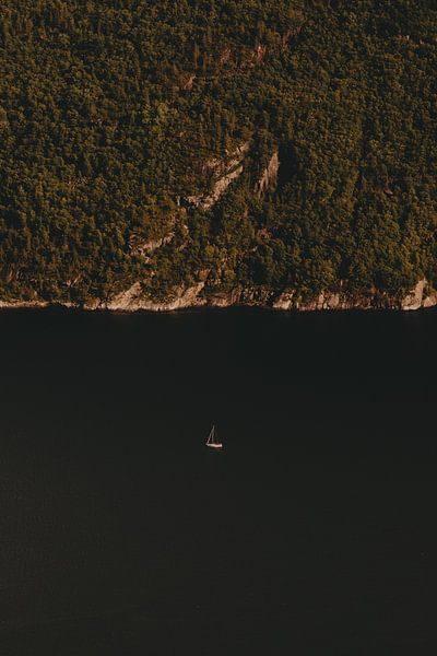 Bateau entouré de montagnes, vue de Preikestolen par Joyce van Doorn
