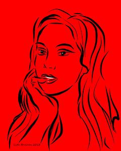 Portret van een vrouw op rode achtergrond van Lida Bruinen