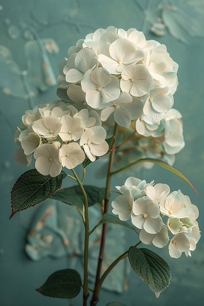 Witte Hortensia Bloemen in Turquoise Vaas van Art & Soul Creations