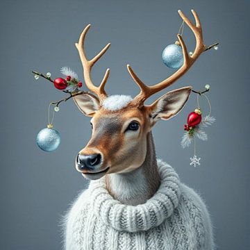 Kunst-Rentier mit Wollpulli.