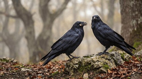 Zwarte raven op een bemoste rots in de mist