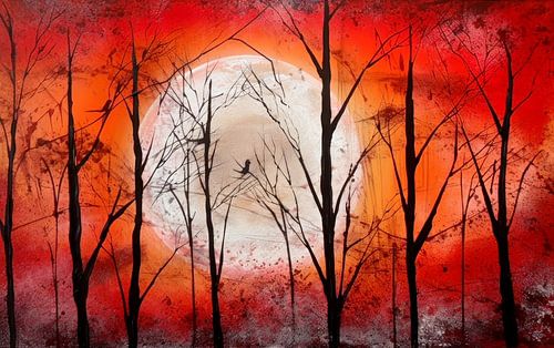 Moon Shines Through Trees Abstract Painting