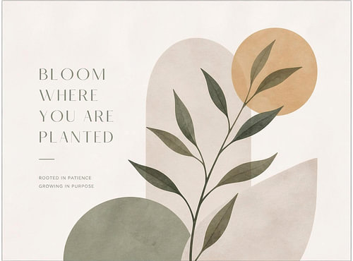 Botanische illustratie met het motto: „BLOOM WHERE YOU ARE PLANTED“