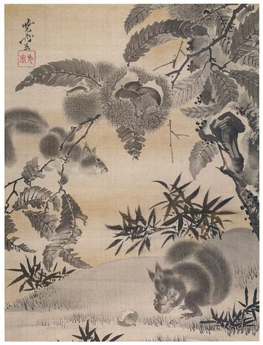 Kawanabe Kyōsai - Squirrel collecting chestnuts