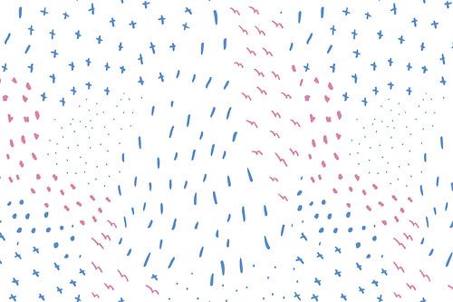 Kruisen, lijnen en stippen in pastel en neon. Kobaltblauw, framboosroze en wit.