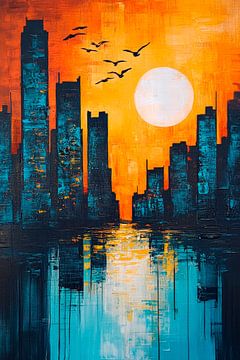 Städtische Silhouette im Sonnenuntergang von Poster Art Shop