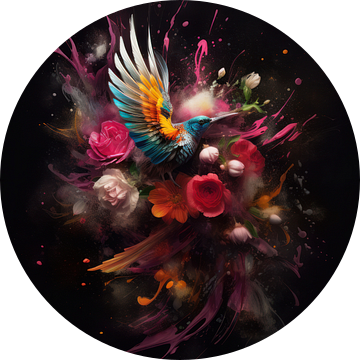 Kolibrie in een Explosie van Bloemen, Kleuren en Veren van Eva Lee