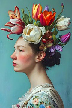 Portrait de femme aux fleurs colorées sur But First Framing