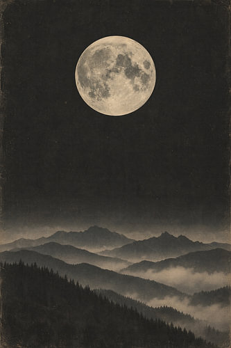 Full moon over misty mountain ranges