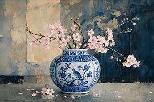 Stillleben mit blau-weißem chinesischem Porzellan und Zweigen mit rosa Blüten