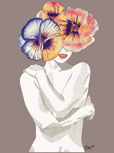 Sereniteit in viooltjes - Kalmerende naakt aquarel kunst, vrouwelijke muur kunst van Chrz - AquaPixelFusion