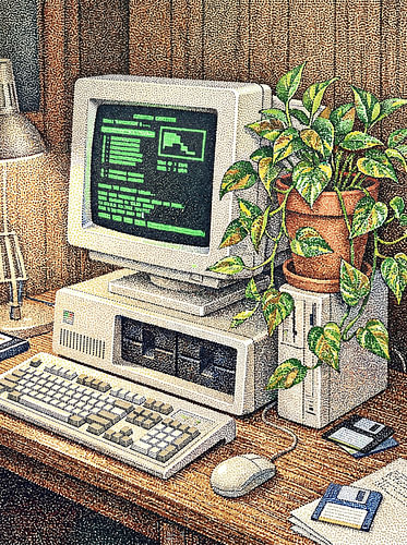 Retro Computer and Plant in Lamplight