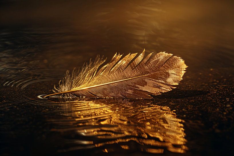 Goldene Feder schwimmt auf geheimnisvoll dunklem Wasser von Art & Soul Creations
