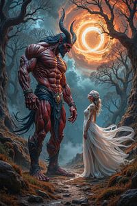 Dark Fantasy Wandbild: COLOSSUS - Der gewaltige Dämon und die Jungfrau im mystischen Wald
