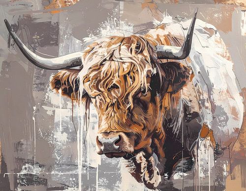 Schotse hooglander met hoorns - kunstwerk in taupe beige creme r