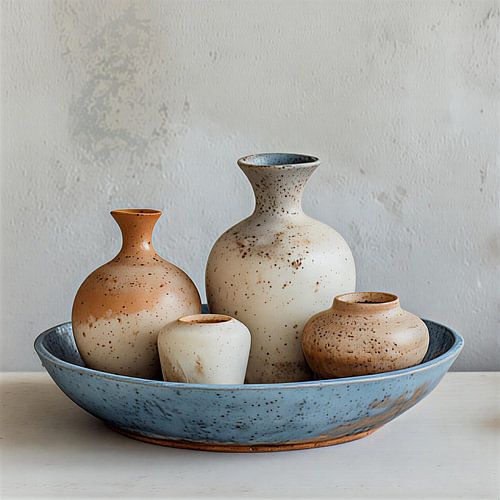 Ein stilles, minimalistisches Arrangement aus alten Keramikvasen in einer grauen Schale.