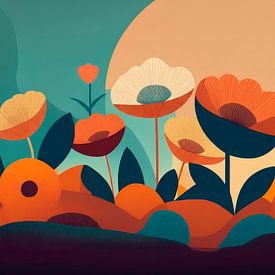 Champ de fleurs abstrait aux tons chauds et aux formes organiques sur STUDIO ARTSY