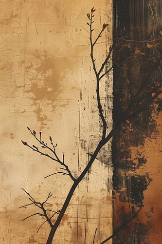 Silhouette eines zerbrechlichen Astes vor verwitterten Erdtönen