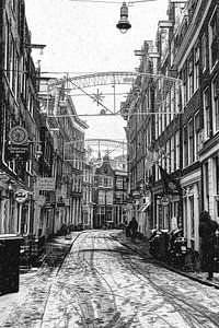 Innere Stadt von Amsterdam im Winter Schwarz und Weiß