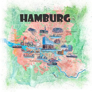 Hamburg Duitsland reisposterfavorietkaart met toeristische trekpleisters van Markus Bleichner