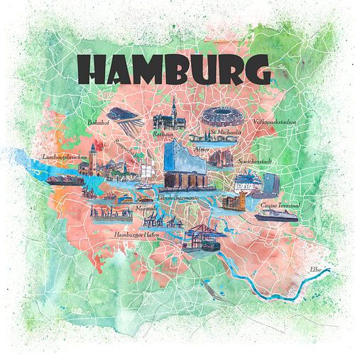 Hamburg Germany Travel Poster Favorite Map with touristic Highlights
