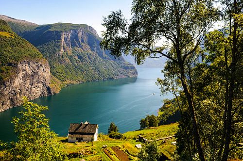 Uitzicht vanaf de hoge kliffen over het Aurlandsfjord in Noorwegen