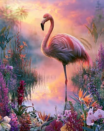 Flamant rose et fleurs tropicales