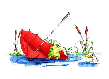 Illustration funny frog floating in umbrella on water by Ivonne Wierink
