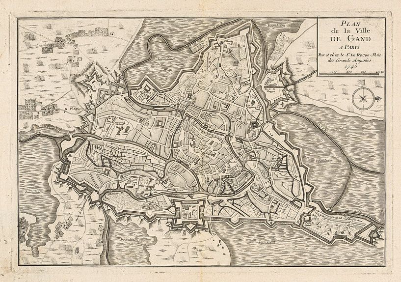 Karte von Gent (Belgien) anno ca 1745, mit weißem Rahmen von Gert Hilbink