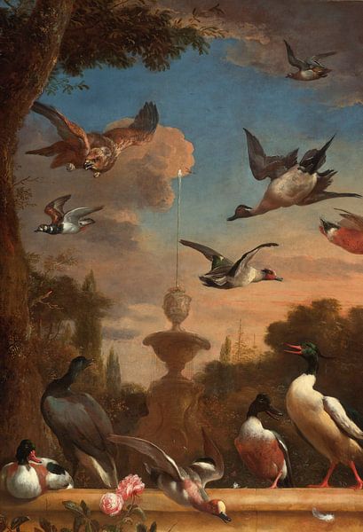 Stockenten und andere Vögel in klassischer Gartenlandschaft, Melchior d'Hondecoeter von Meisterhafte Meister