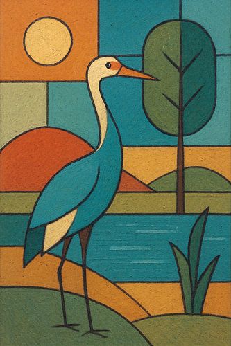 Een geometrische illustratie van een kraanvogel.