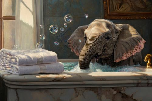 Olifant in de badkamer met bubbels
