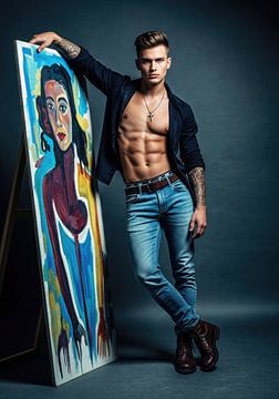 Man leunend op schildersezel met portretschilderij van Markus Gann