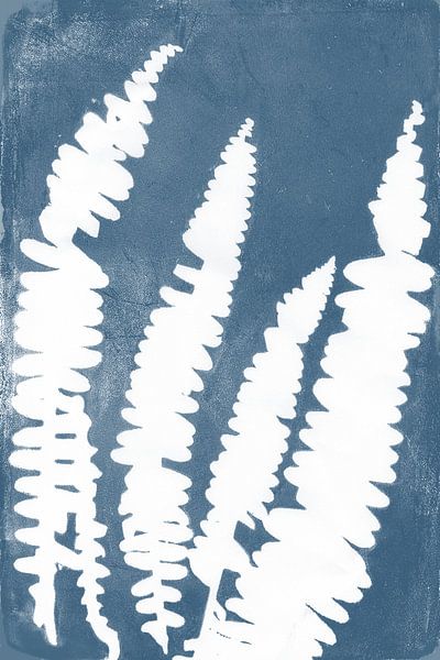Witte varens in retrostijl. Moderne botanische minimalistische kunst in wit op blauw. van Dina Dankers