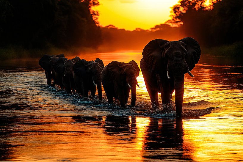 Elephants at golden sunset by Art & Soul Creations