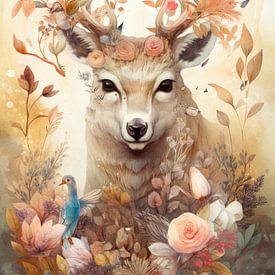 Deer surrounded by flowers by Digitale Schilderijen