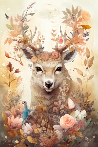 Hert omringt door bloemen