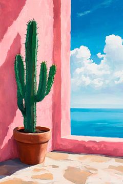 Cactus voor het uitzicht op zee van Poster Art Shop