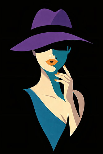 Paarse Hoed Portret Poster – Minimalistische Fashion Wandkunst